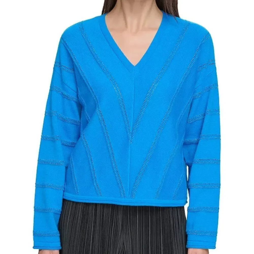 DKNY V Neck Electric Blue Pointelle Knit Women’s Sweater Size Large